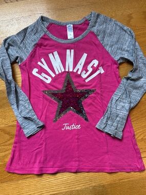 Justice Hot Pink & Gray Long Sleeve 'Gymnast' Top with Sequin Star Sz 7